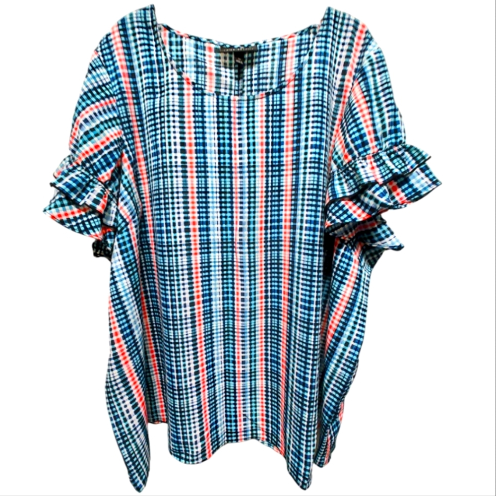 Lane Bryant Blue & Pink Plaid Blouse Double Ruffle Sleeves Size 26